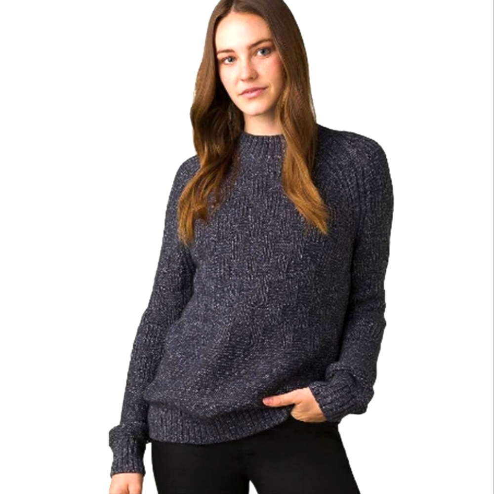 NWT Prana Sky Meadow Cable Knit Cotton Sweater Charcoal Gray Blue Mock Neck XL